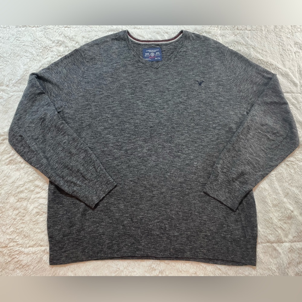 American Eagle Sweater Mens 2XL XXL Gray‎ 100% Cotton Casual V Neck Athletic Fit